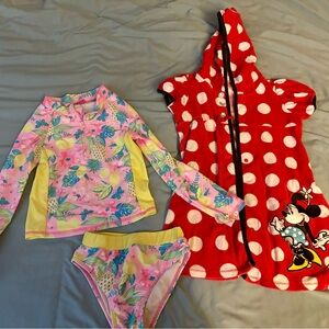 Girls’ 7/8 Betsey Johnson Rashguard Swim Set and Minnie Hooded Cover-Up